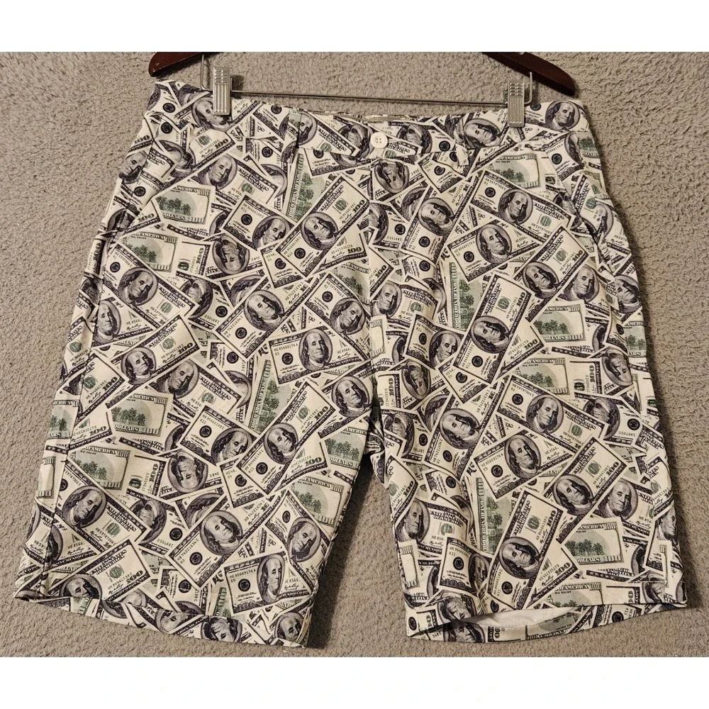 Hreski Mens Money Print Golf Shorts 100 Dollar Bill Novelty Size 34 White Green